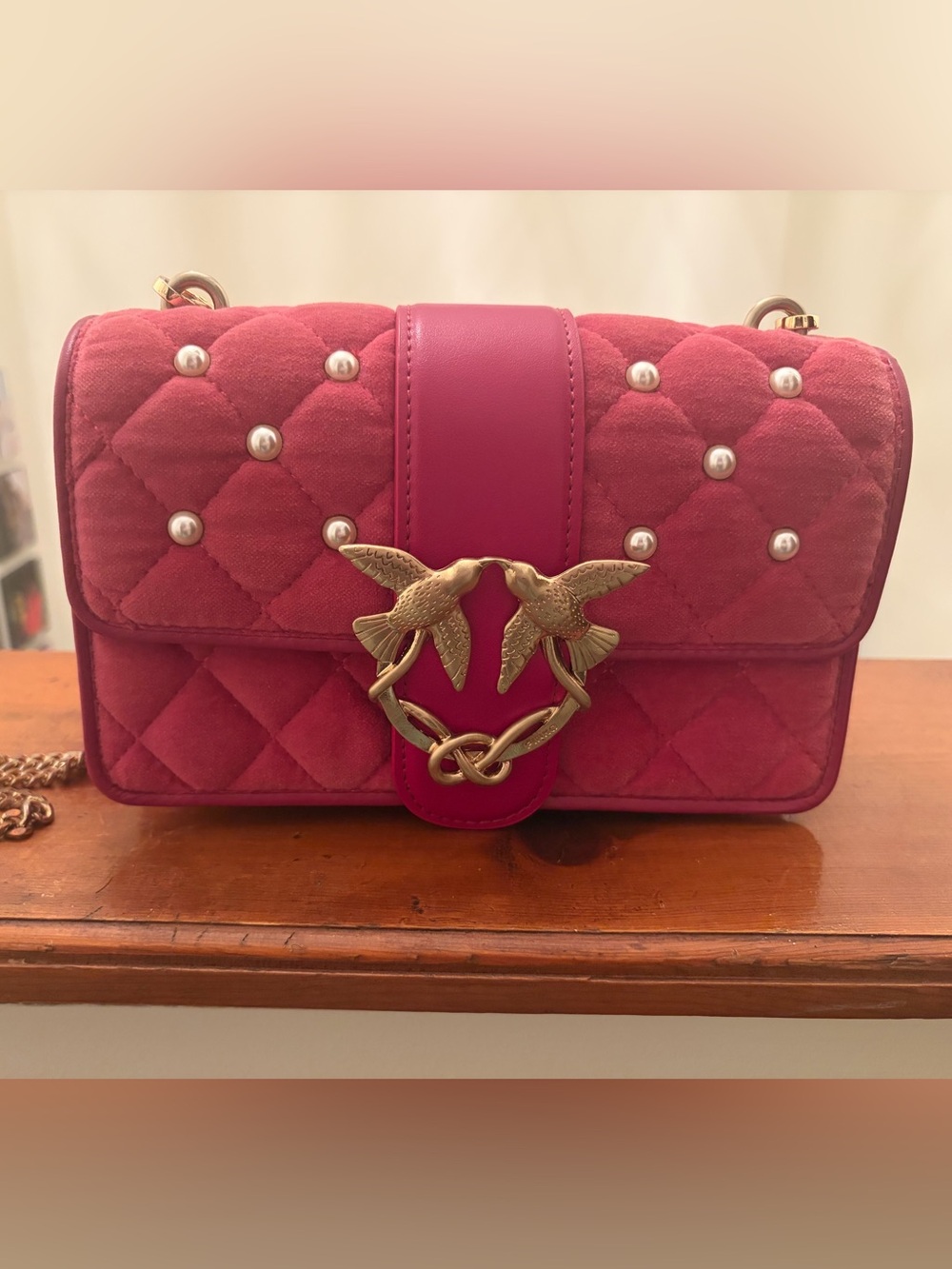 Pinko Hot Pink Quilted Crossbody Bag with Gold Hardware